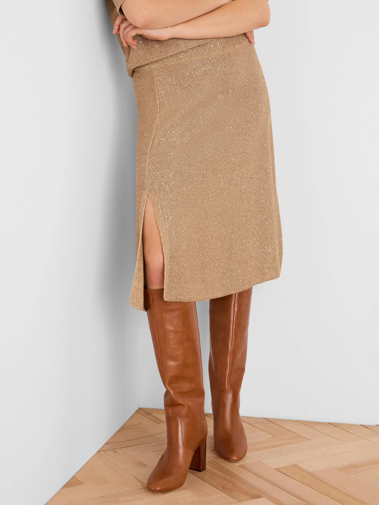 Gold sequin knit midi skirt with a high side slit.