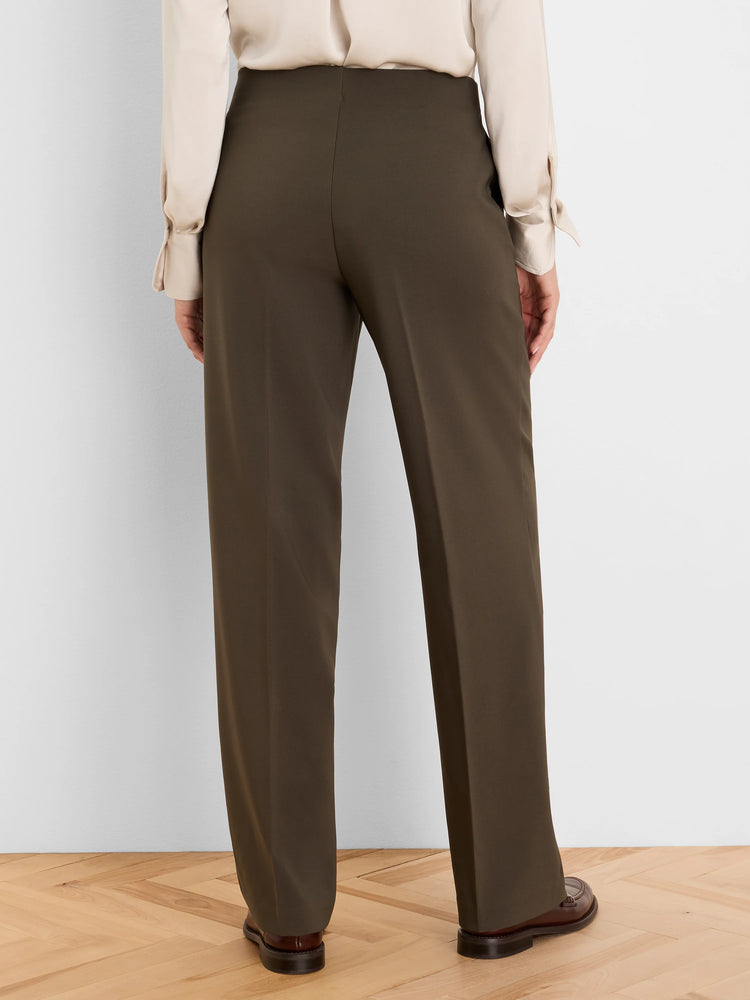 Dark olive green wide-leg pants, rear view. Smooth fabric with a high, flat waist.