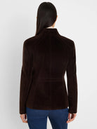 Dark brown stretch velvet jacket, back view, with a stand collar and tailored seam details on shoulders and waist.