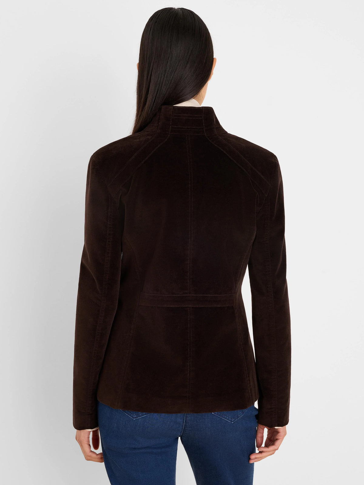 Dark brown stretch velvet jacket, back view, with a stand collar and tailored seam details on shoulders and waist.