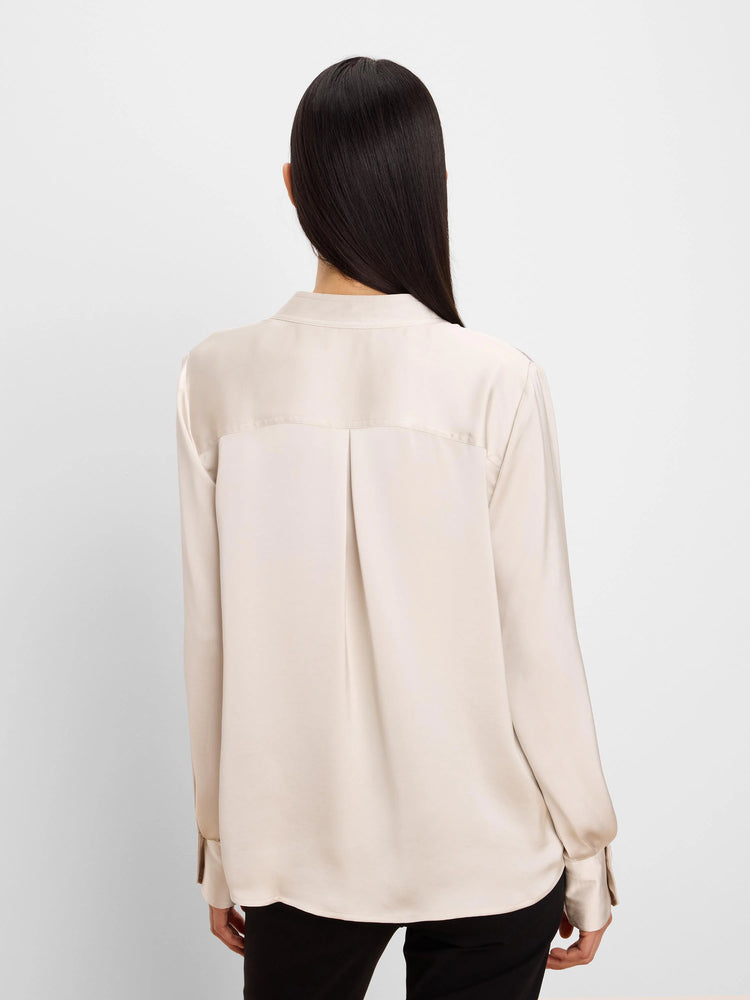 Back view of a light champagne glossy shirt with a collar, long sleeves, buttoned cuffs, back yoke, and pleat.