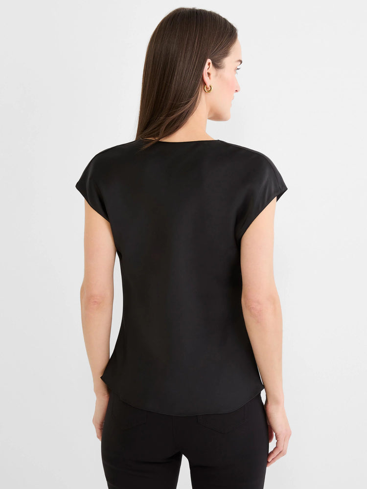 Black glossy tee, back view. Features a wide, shallow neckline and short cap sleeves.
