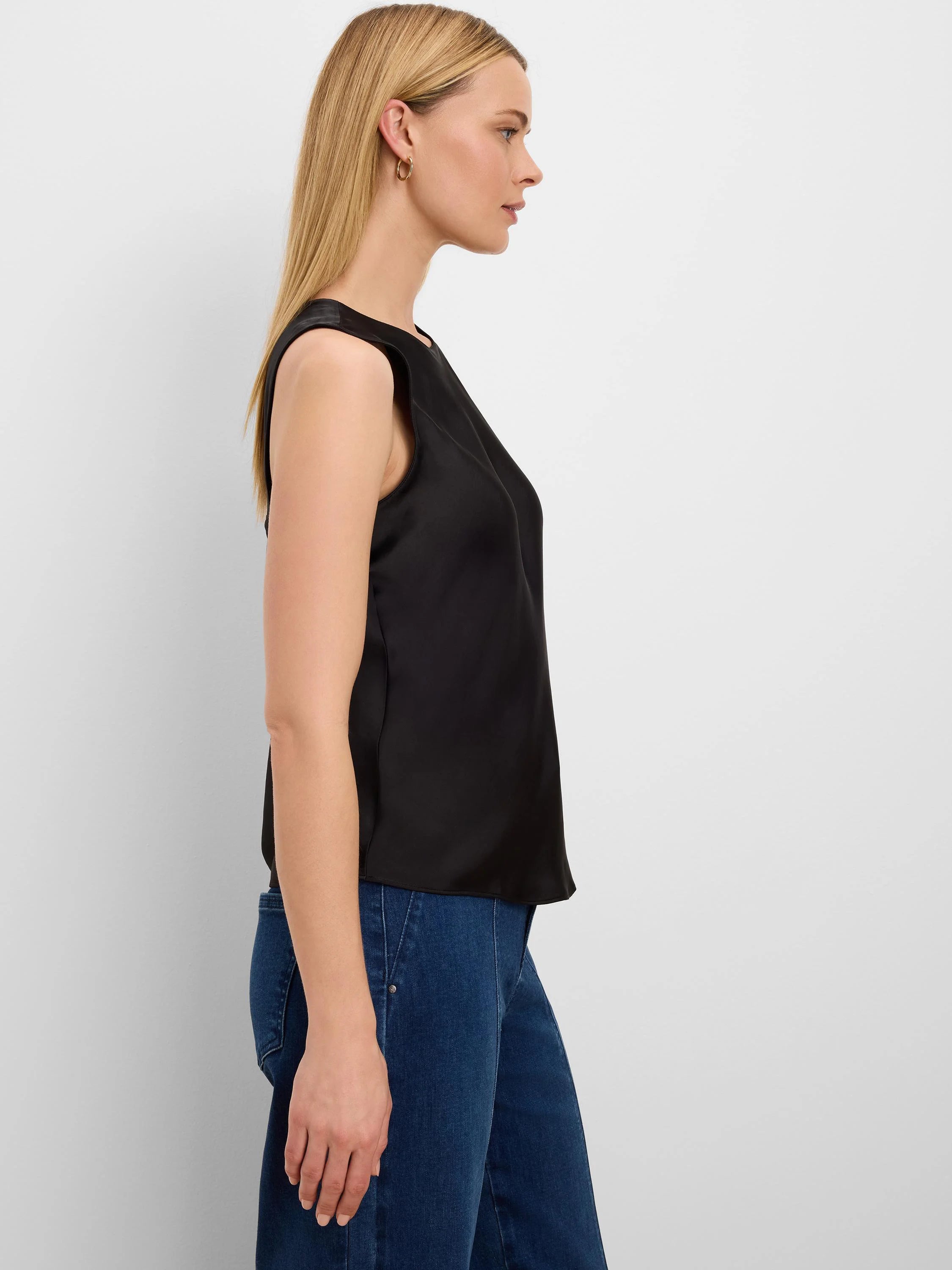 Black glossy woven sleeveless tank top with a high neckline and loose fit.