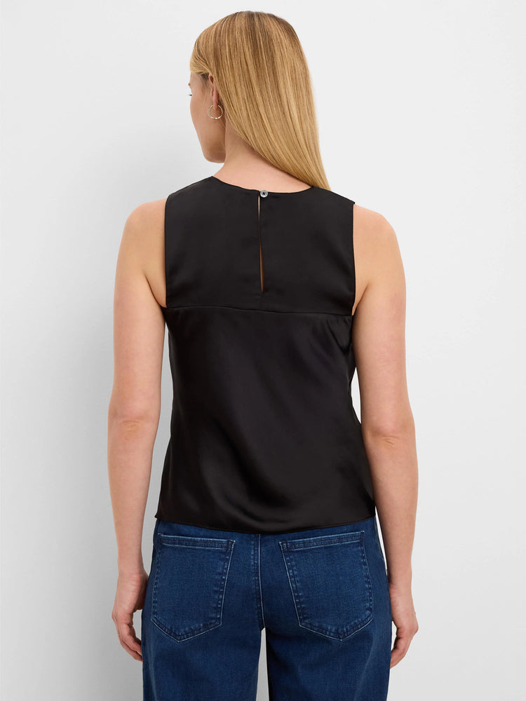 Back view of black gloss woven layering tank. Sleeveless with a buttoned keyhole back.
