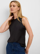 Loose fit black glossy woven tank top with a round neck.