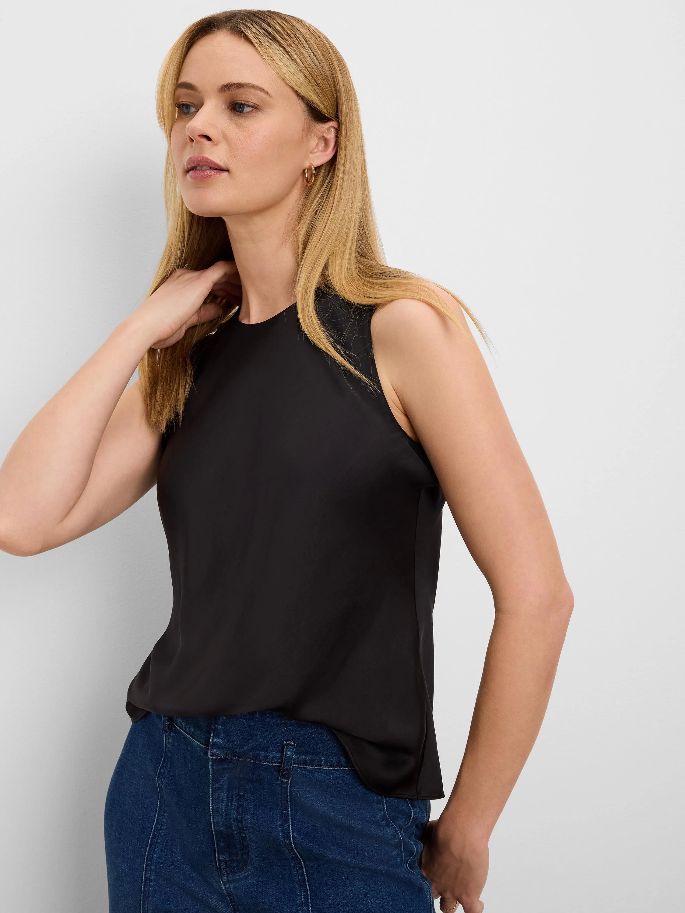 Loose fit black glossy woven tank top with a round neck.