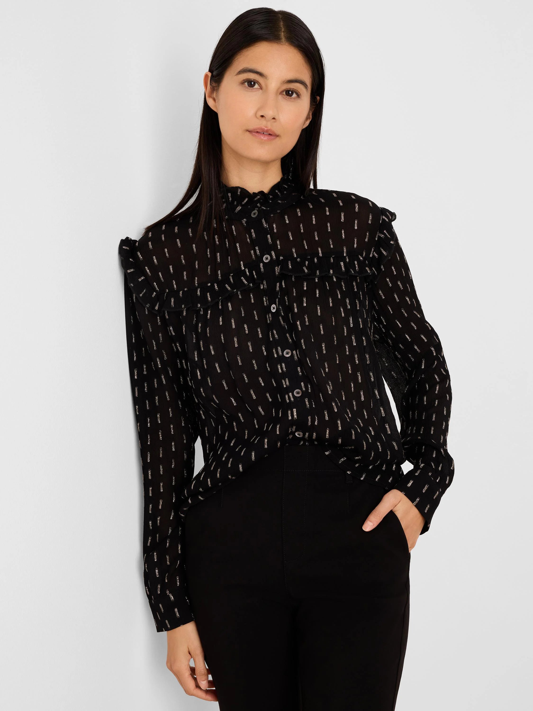 Black chiffon shirt with metallic dash pattern, ruffled high neck and buttoned front.