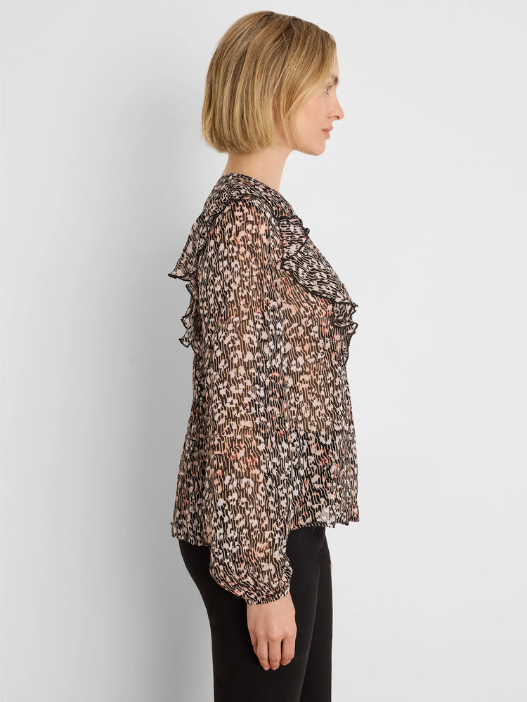 Sheer Leo print georgette shirt in black, brown, and cream with prominent shoulder ruffles and long sleeves.
