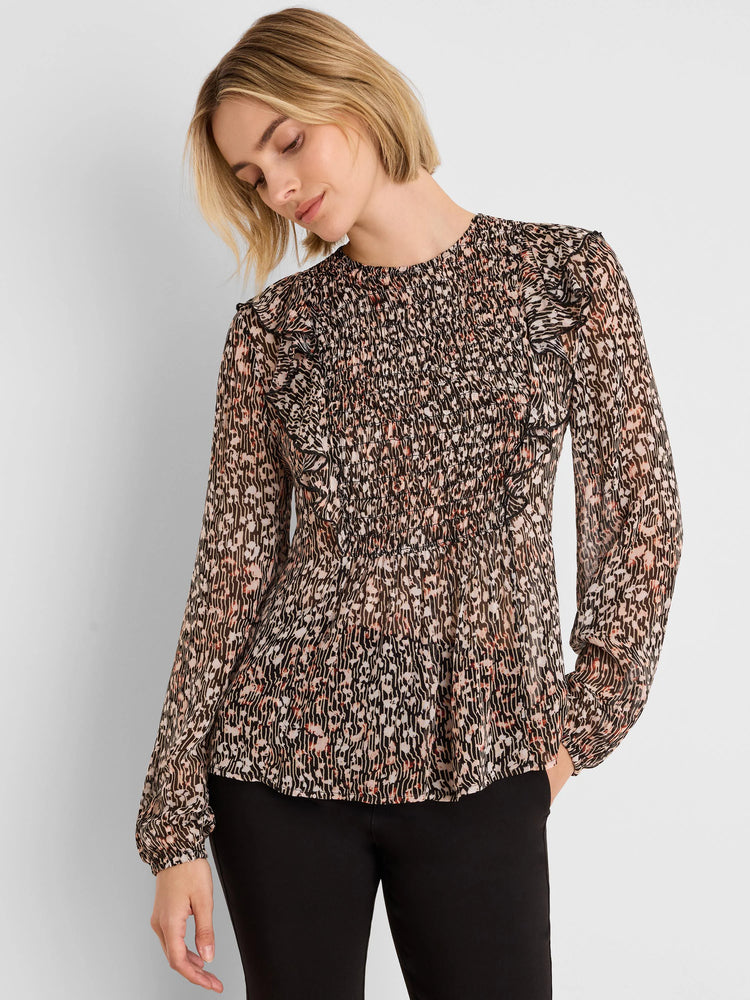 Black, beige & rust leopard print Georgette shirt with smocked high neck, ruffles, and elastic cuffs.