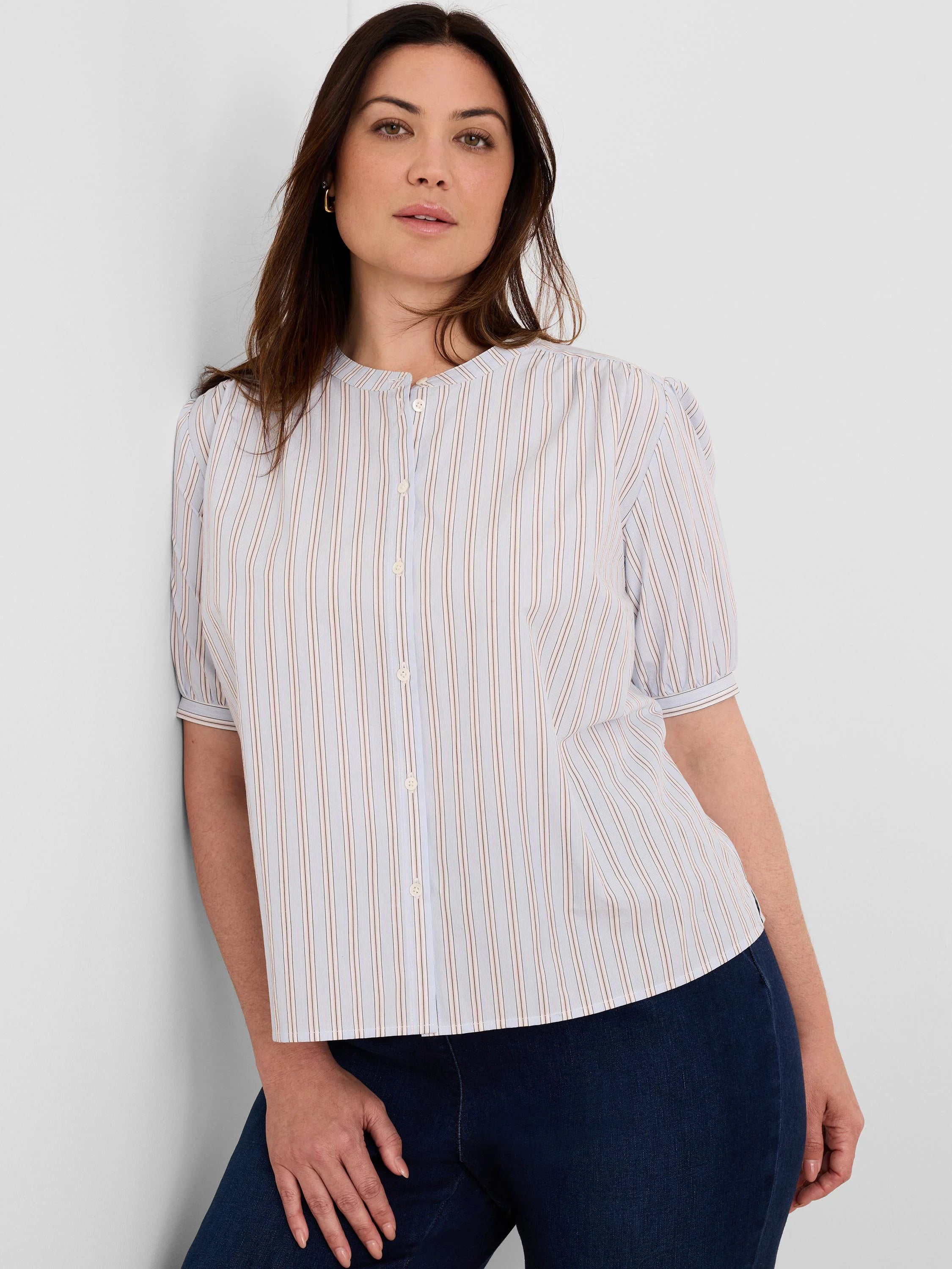 Light blue short-sleeve shirt with thin brown & white vertical stripes, band collar, and white front buttons.