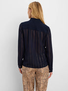 Dark navy chiffon jacquard shirt, back view. Features a textured, slightly sheer grid pattern.