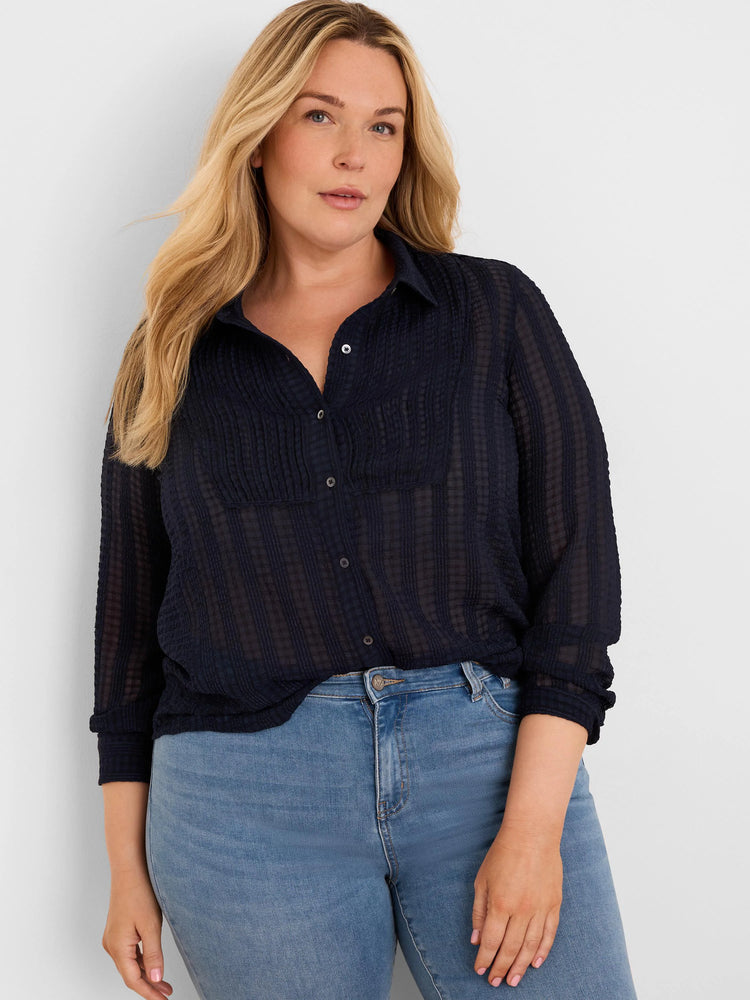 Dark navy chiffon shirt with crinkled jacquard texture, collar, and button-front.