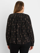 Black Diamond Lurex shirt, back view, with gathered neck, metallic vertical stripes, and small diamond patterns.