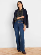 Portobello Paisley Chiffon Shirt: Dark with yellow & blue paisley pattern. Collared, button-front.