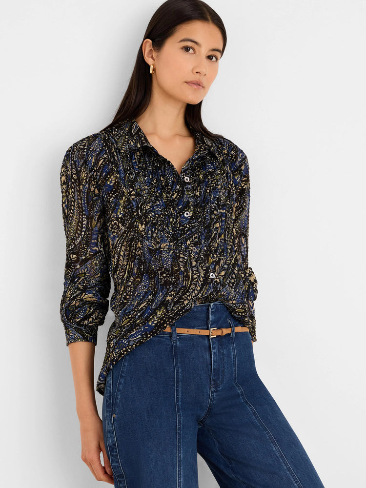 Dark paisley chiffon shirt with blue, olive, and cream hues. Button-front, collared, with 3/4 rolled sleeves.