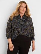 Dark crinkled chiffon shirt with blue and gold paisley pattern, button front, and 3/4 sleeves.