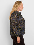 Portobello Paisley Chiffon Shirt, black with blue, green, tan paisley. Ruffled high neck, long sleeves.