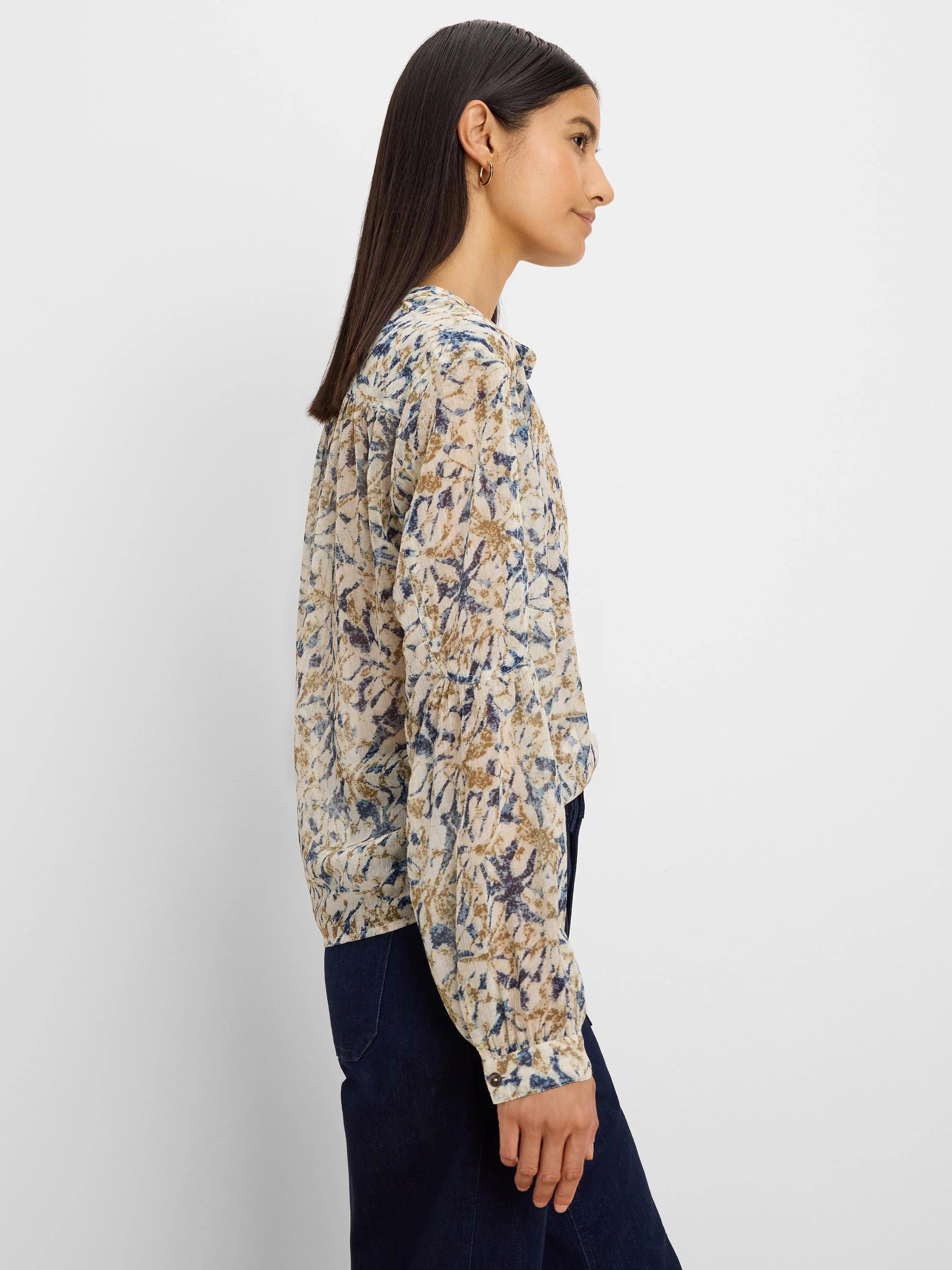 Chiffon shirt: cream base, abstract blue & brown pattern, long sleeves, collared.