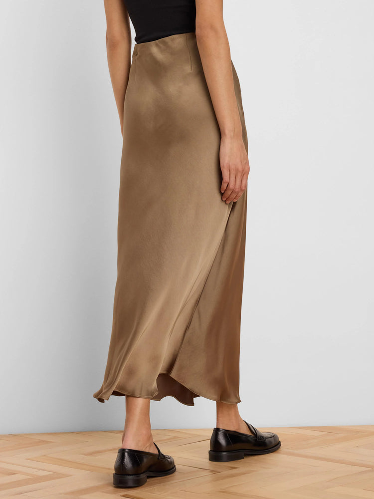 Glossy bronze-brown midi slip skirt with a smooth, flowing drape.