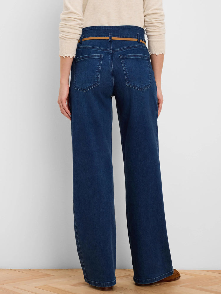 Dark blue wide-leg jeans with a thin brown belt, viewed from behind. Features high waist and back pockets.