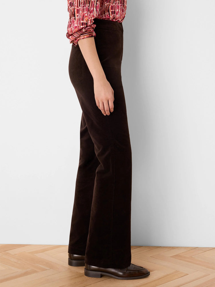 Dark brown velvet high-rise bootcut pants shown from the side.