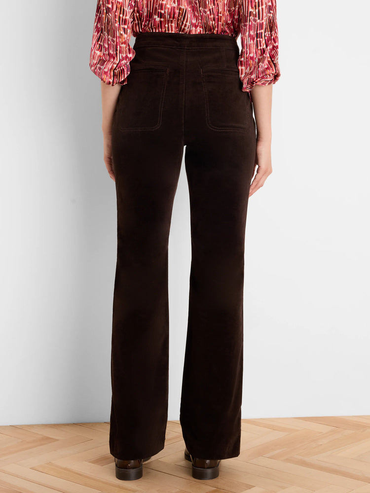 Dark brown velvet high-rise boot-cut pants, back view with two pockets.