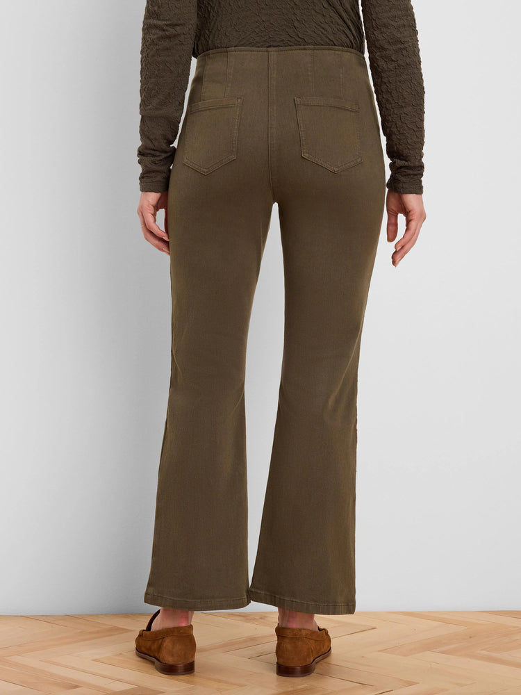 Dark olive green bootcut jeans, high-waisted, with two rear patch pockets. Seen from behind.