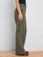 Olive green wide-leg pants with angled pockets and prominent outer leg stitching, shown on a person from the side.