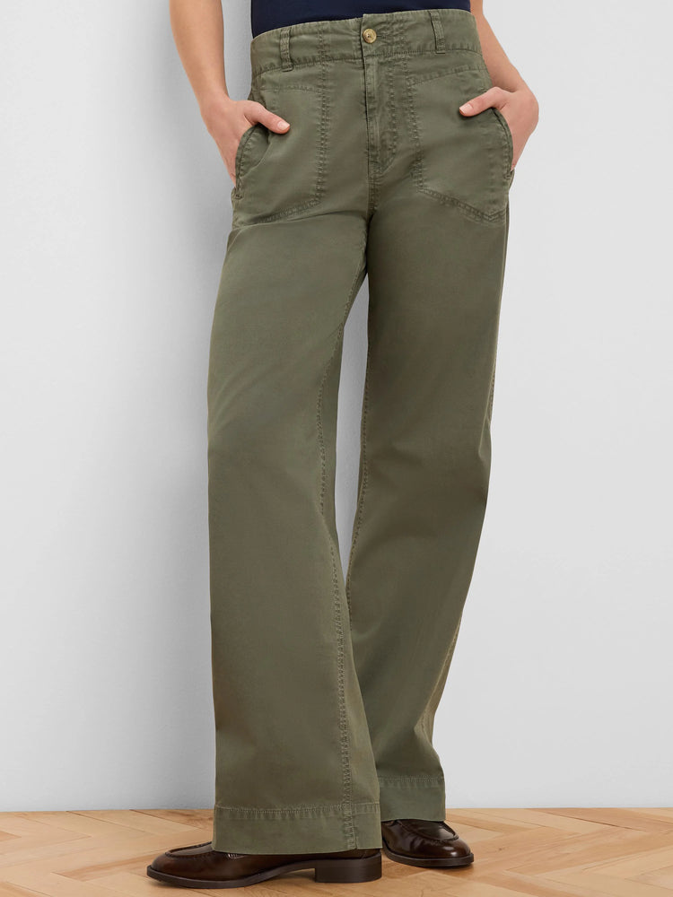 Khaki green wide-leg pants with angled front patch pockets, a high waist, and visible utility stitching.
