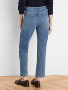 Medium blue, vintage wash straight leg jeans shown from the back, featuring classic back pockets and an ankle-length hem.