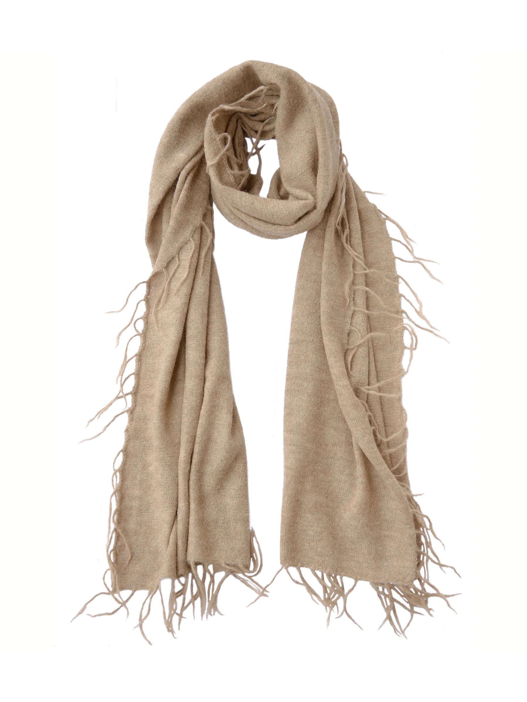 Beige alpaca scarf, draped, with long, loose fringe visible along all edges.