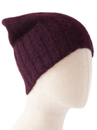 Burgundy hand-knit beanie, soft & fuzzy with visible vertical ribbing.