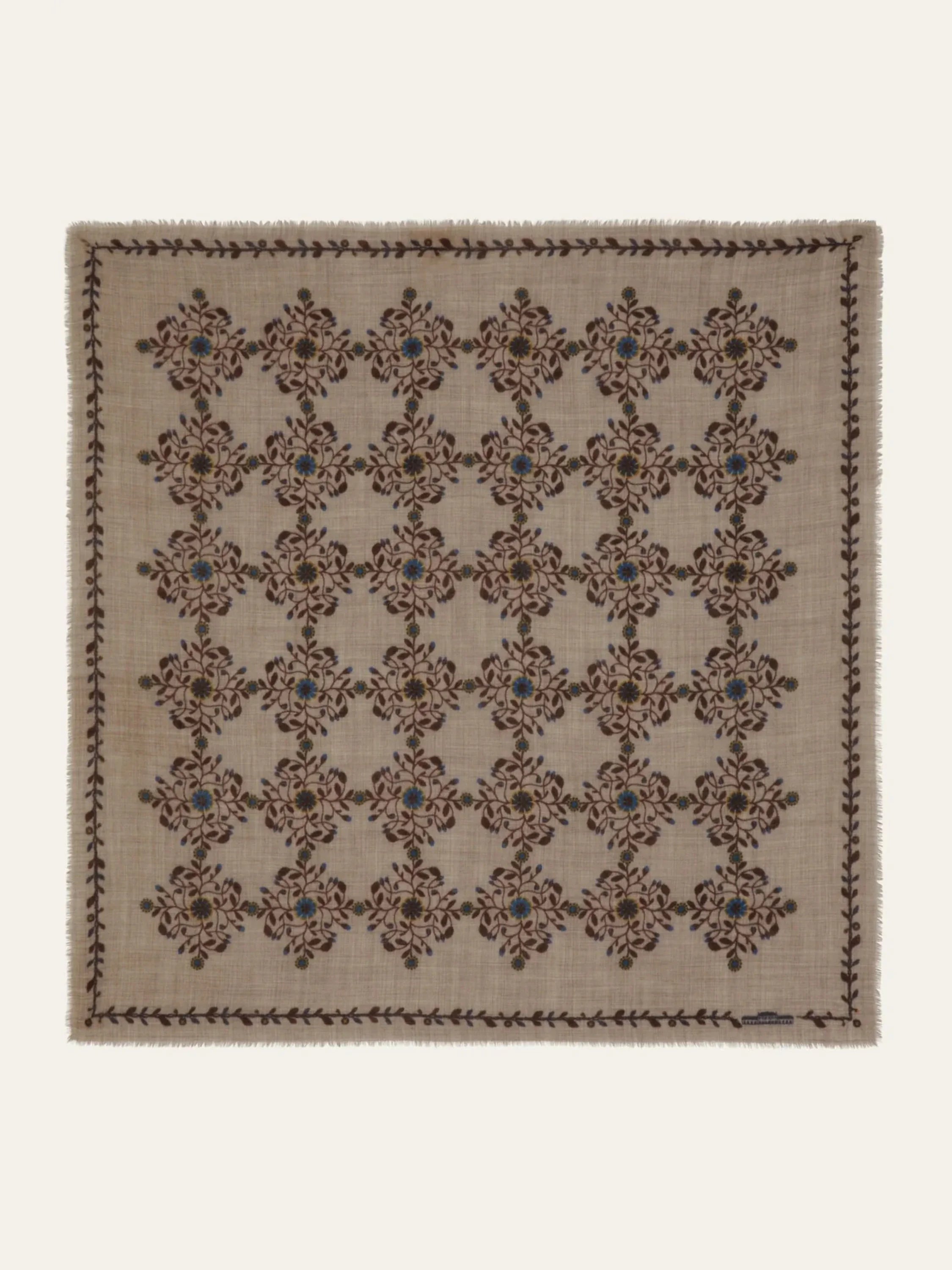 Beige square scarf with brown and blue floral pattern; dark brown and green border.