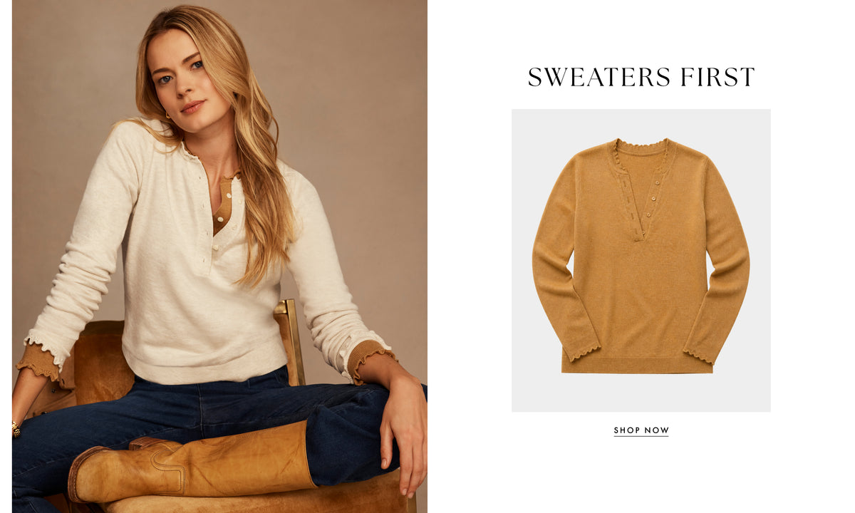 A split promotional image featuring a woman seated on a chair wearing a cream knit sweater, dark jeans, and tan boots, alongside a product-only view of a mustard yellow sweater with the text 'SWEATERS FIRST' and a 'SHOP NOW' callout.