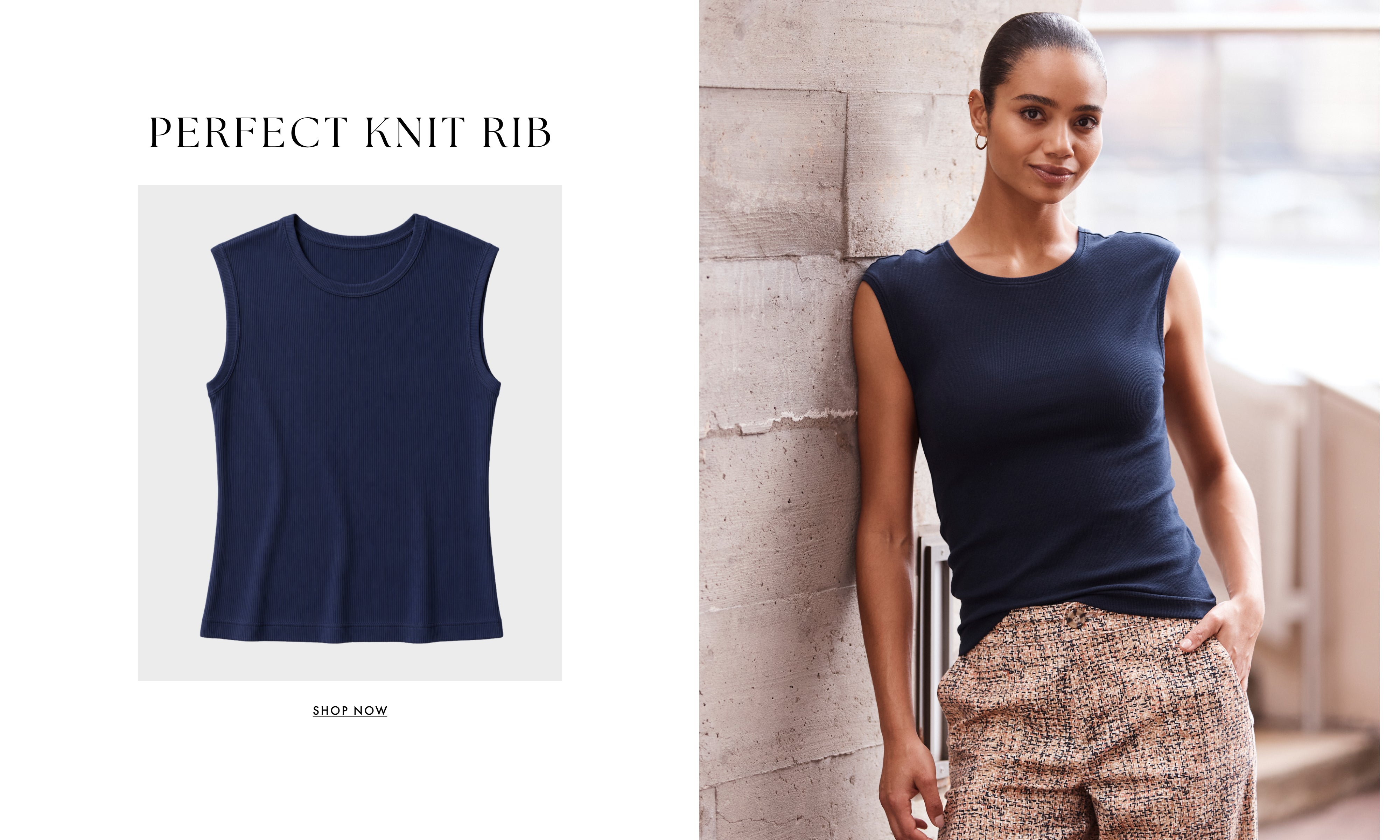 A sleeveless crew-neck knit top in dark navy blue, shown both as a flat product rendering on the left and worn by a model on the right. The text 'PERFECT KNIT RIB' appears above the product image, and a small 'SHOP NOW' link is below.
