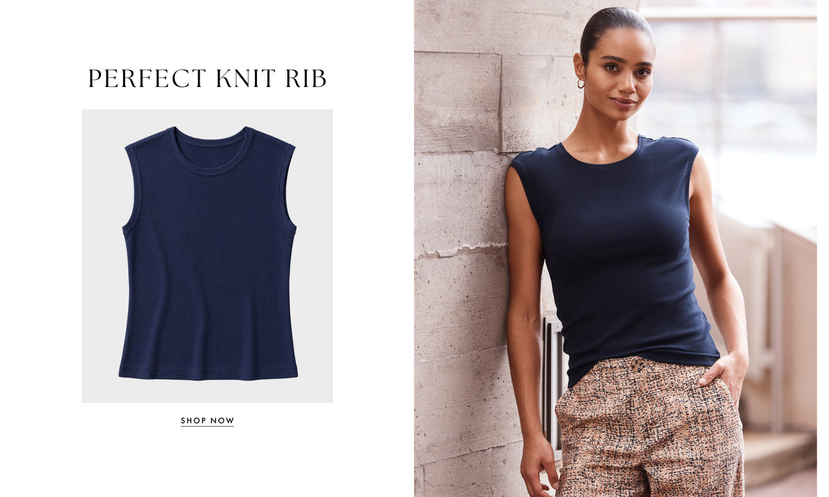 A sleeveless crew-neck knit top in dark navy blue, shown both as a flat product rendering on the left and worn by a model on the right. The text 'PERFECT KNIT RIB' appears above the product image, and a small 'SHOP NOW' link is below.