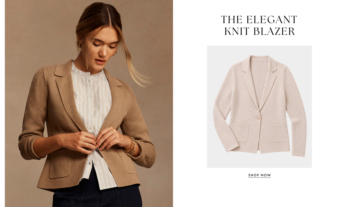 A split promotional image for a knit blazer. The left side shows a woman wearing a camel beige blazer over a white pleated blouse, and the right side shows a clean product shot of the same blazer in a light blush/cream tone with text reading 'THE ELEGANT KNIT BLAZER' and a 'SHOP NOW' button.