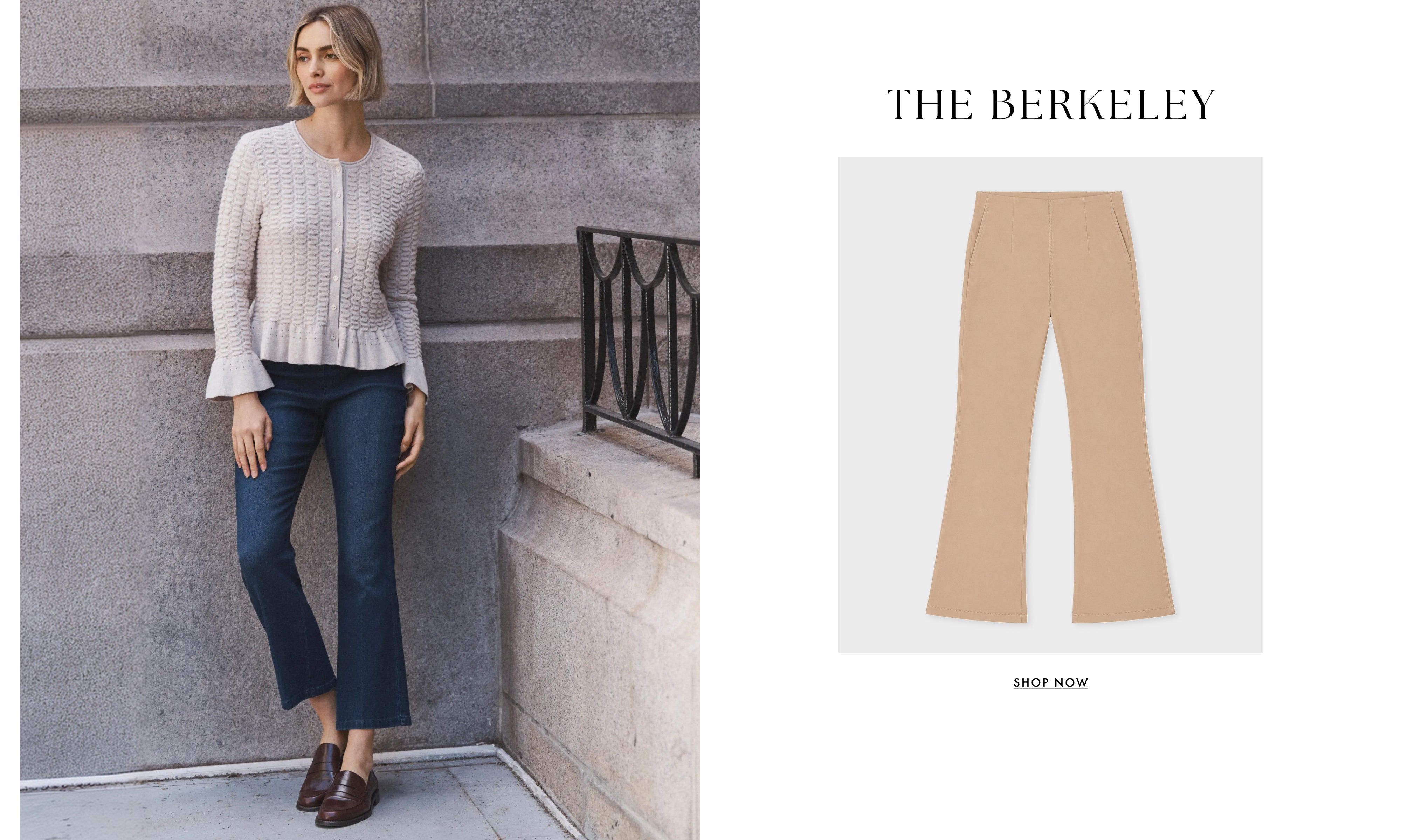 A split image showing a model wearing beige cable-knit cropped cardigan and dark blue cropped jeans on the left, and a clean product shot of matching beige wide-leg pants on the right under the brand name THE BERKELEY.