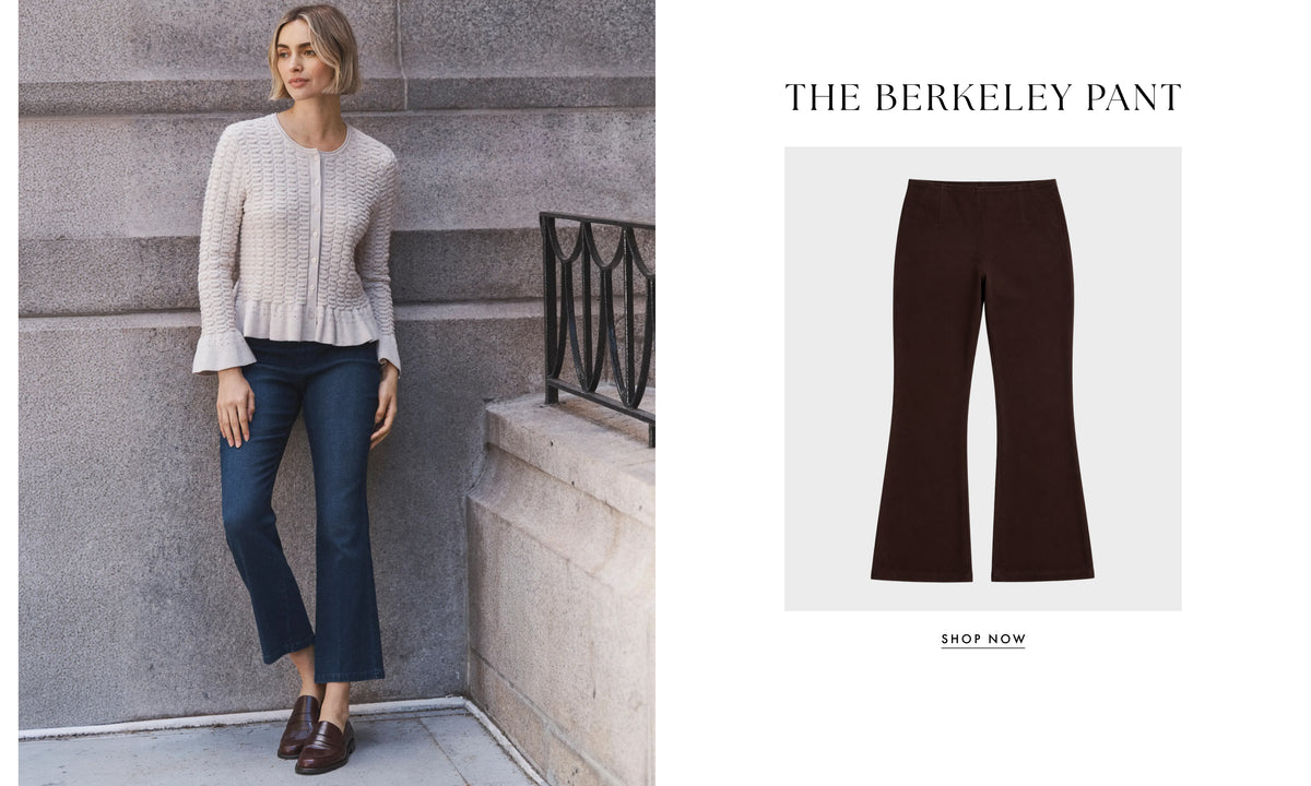 A split image showing a model wearing dark brown flared pants with a sweater and jeans on the left, and a clean product shot of the same pants on the right under the text 'THE BERKELEY PANT'.
