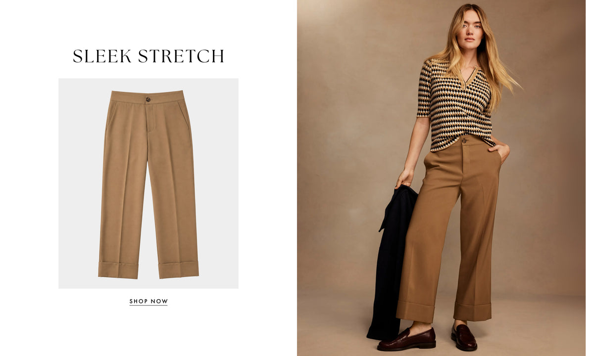 A split promotional image for 'SLEEK STRETCH' pants. The left panel shows a clean studio shot of tan straight-leg pants on a white background with text.