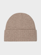 Beige cashmere beanie. Knitted texture.  Fold-over cuff.