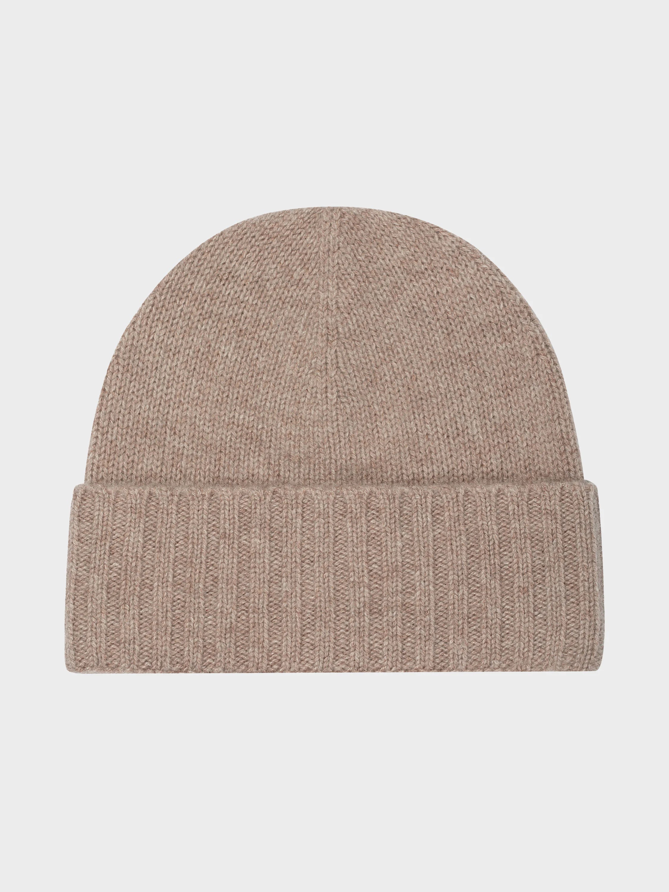 Beige cashmere beanie. Knitted texture.  Fold-over cuff.