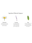 White chamomile with yellow center, purple lavender sprig, green sage leaf illustrating fragrance ingredients.