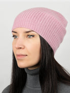 Pink ribbed cashmere beanie.  Bulky knit.