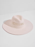 Off-white wide-brimmed hat with a band of eyelet detailing.