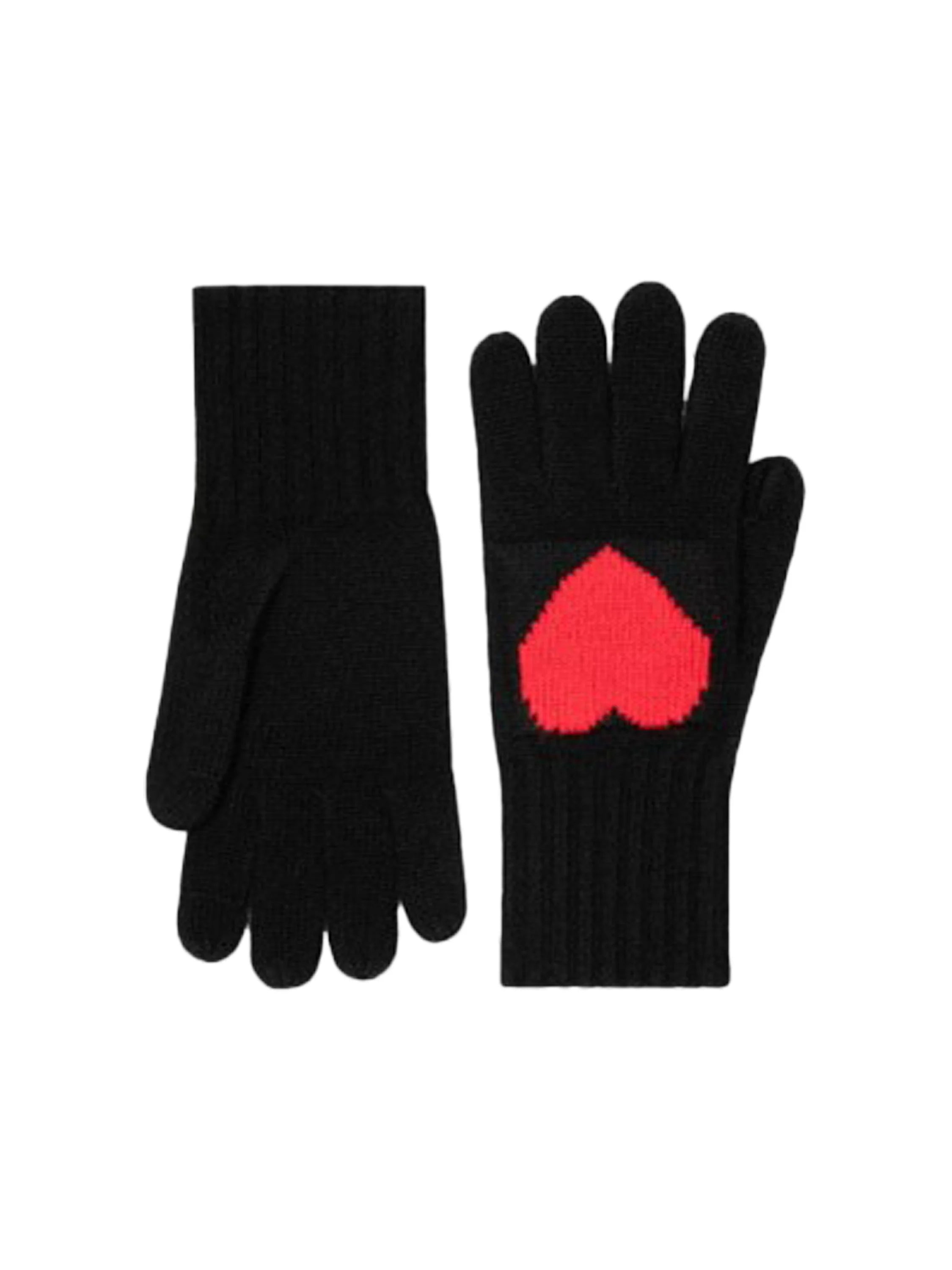 Black cashmere gloves with a red heart on one glove.