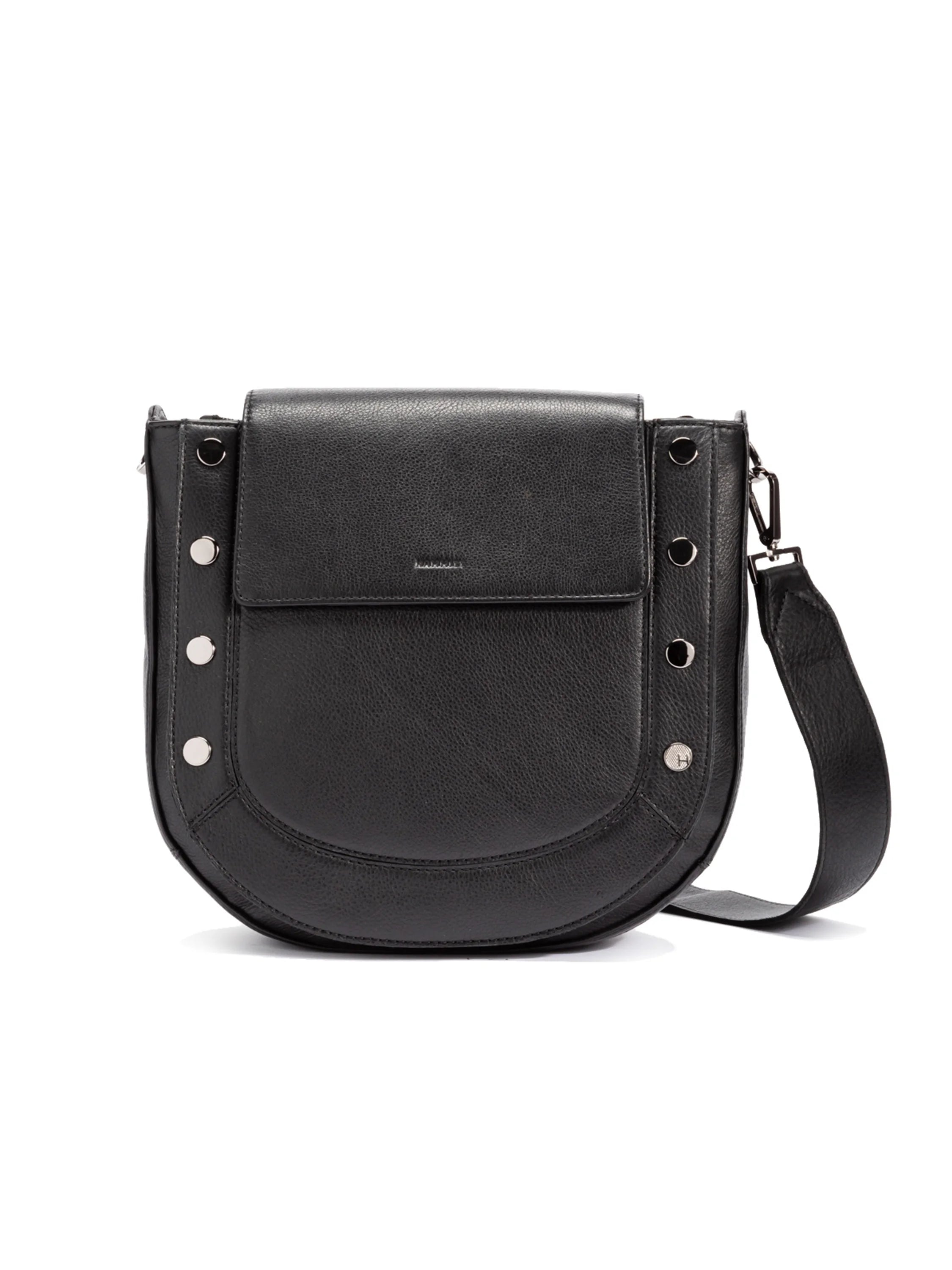 Black leather crossbody bag, curved shape.  Silver-toned hardware accents.  Adjustable strap.