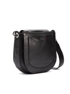 Black leather crossbody bag with a curved shape, small front pocket, and a long strap.  Subtle red interior detail visible.