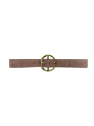 Taupe suede belt with an oval, gold-toned buckle. Visible stitching along the edges and buckle holes.