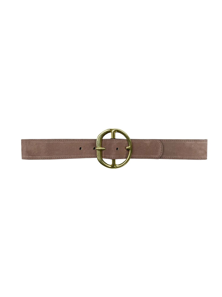 Taupe suede belt with an oval, gold-toned buckle. Visible stitching along the edges and buckle holes.